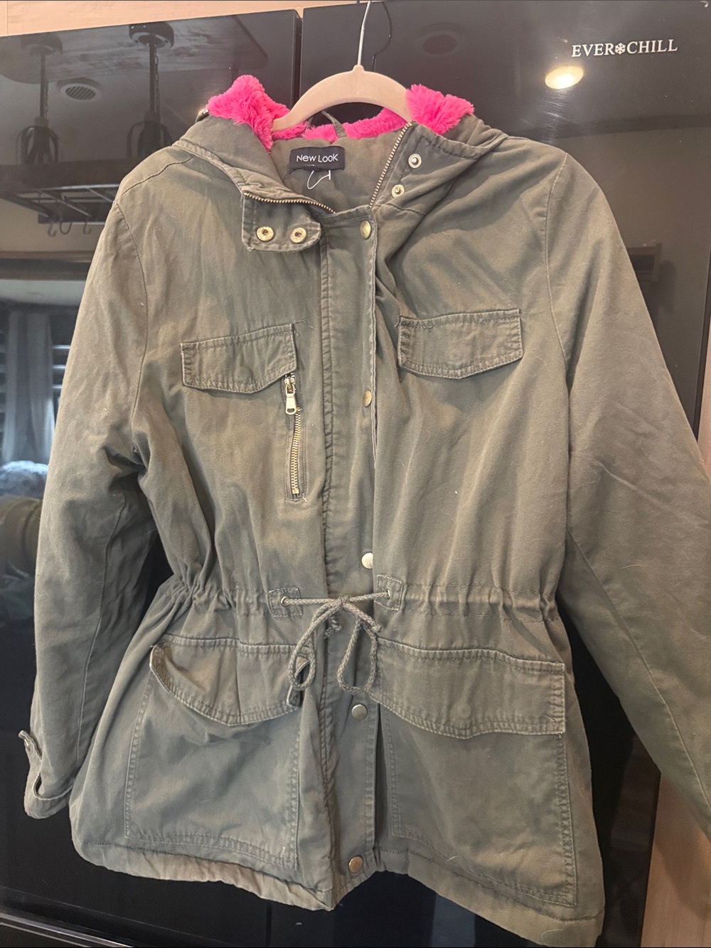 New Look Olive Utility Jacket with Bright Pink Hood Trim